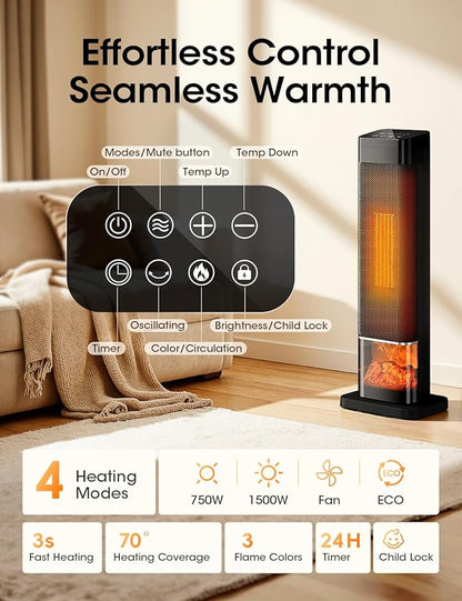 Manastin Space Heaters for Indoor Use, Electric Heaters with Remote, Adjustable Thermostat, 120° Oscillation, 24H Timer, Child Lock & Safety Protection, Portable Heater for Large Room, Office, Garage