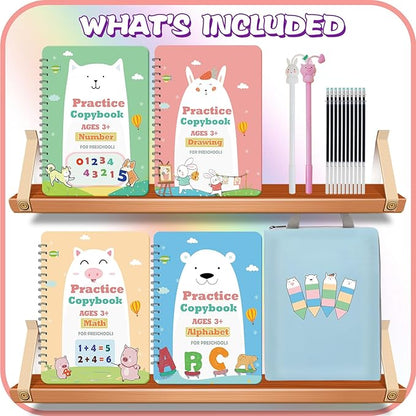 Upgraded Large Size Magic Practice Writing Copybook, Reusable for Kids, Reusable Copybook Preschool for Kids Age 3-8 Calligraphy(4 Books with Pens)-Blue Bag