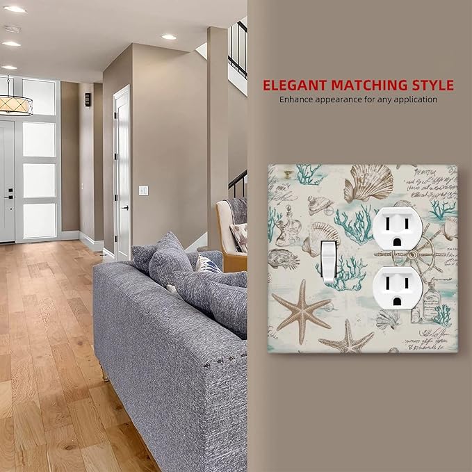 Mid Century Seashells Starfish Compass Wallplates 1 Toggle 1 Duplex Switch Plate Electrical Gfci Faceplate Decorative Light Switch Covers For Nursery Kids Room Decor