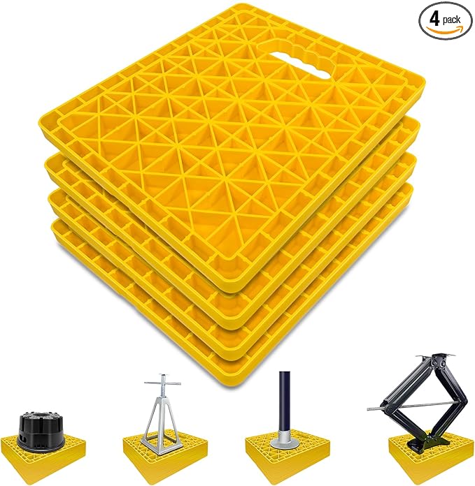 ROBLOCK Large RV Jack Stabilizer Pads,Sinking Resistant Stackable Camper Stabilizer Pads with Easy-Grip Handle and Handy Strap, Easy Storage & Organization, Yellow 4 Pack 14" x 12"
