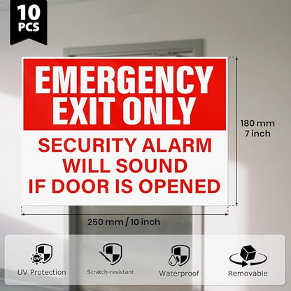 10 Pack Emergency Exit Only Security Alarm Will Sound If Door Is Opened Stickers 10 × 7 Inches Vinyl Self Adhesive Waterproof Safety Signs for Workplace Warehouse Office