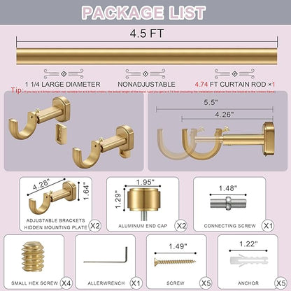 Heavy Duty Curtain Rods,1 1/4" Large Diameter Premium Nonadjustable Curtain Rod,54in/4.5ft Custom Window Treatment Rods with Durable Aluminum Brackets and End Caps,Gold Finish