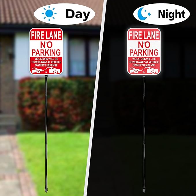 Fire Lane No Parking Sign with 54 Inch Metal Stakes, Red, Aluminum, 10x14 Inches, Reflective, Weather-Resistant, 2 Pack