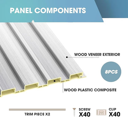 OUZUGIE WPC Acoustic Slat Wall Paneling, 8-Pack 114 x 6 Inches 3D Wall Panels for Interior Wall Decor,Living Room,TV Background,Study Room,Office Spaces,Bedroom,Low Grille (Metallic Silver)