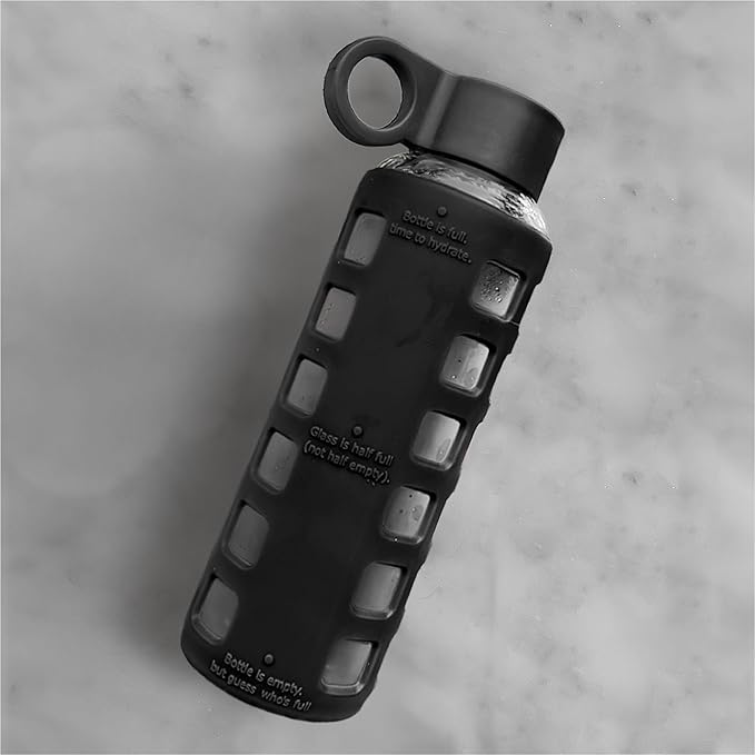 purifyou 40oz / 32oz / 22oz / 12oz Borosilicate Glass Water Bottle with Time & Volume Markers, Silicone Sleeve, Stainless Steel Lid | Reusable Glass Bottle for Water & Juice (12oz JetBlack)