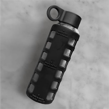 purifyou 40oz / 32oz / 22oz / 12oz Borosilicate Glass Water Bottle with Time & Volume Markers, Silicone Sleeve, Stainless Steel Lid | Reusable Glass Bottle for Water & Juice (12oz JetBlack)