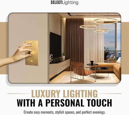 1-Gang Satin Solid Brass Rotary Dimmer Switch, 15A 120V AC Wall Mount, TRIAC/Leading Edge 1-Way Compatible, Dimmable LED Light Control with Knob, Faceplate & Dimming Module
