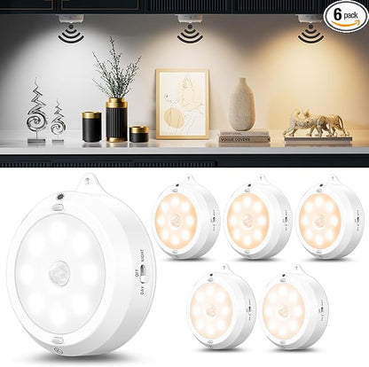 YiaMia Motion Sensor Under Cabinet Lights - 6 Pack, Indoor Smart Sensor Night Light, 3 × AA Battery Operated Wireless Stair Light, Dimmable Puck Lights Suitable for Kitchens, Wardrobes, Hallway