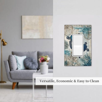 Blue Green Sea Turtle Tropical Ocean Coral Nautical Map Decorative Outlet Covers 1 Gang Single Rocker Light Switch Cover Plate Wall Plates Gfci Faceplate For Bed Room Bathroom Decor