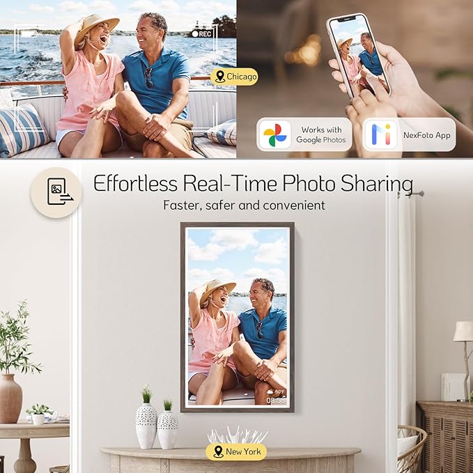 NexFoto Large Digital Picture Frame 32 Inch Touchscreen, 64GB WiFi Electronic Photo Frame FHD 1920 * 1080, Add Photos from Google Photos, Share Videos, Gifts for Christmas/Mom/Grandparents, Dark Wood