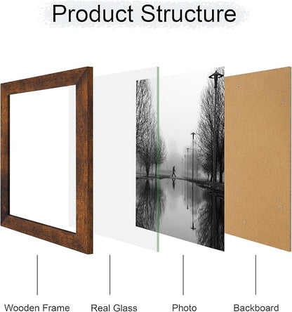 iRahmen 8x10 Picture Frame Set of 4, High Definition Glass 8 x 10 Frame, Wood Rustic Photo Frames for Horizontal or Vertical Display Tabletop and Wall Mounting