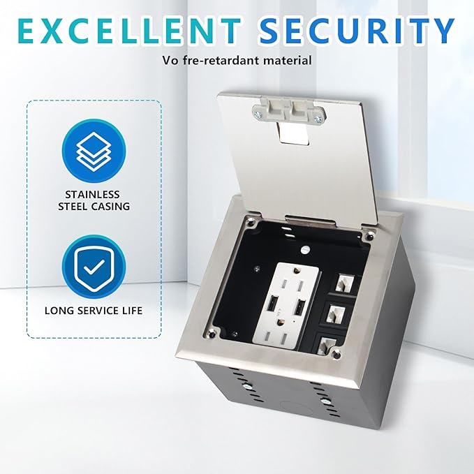 KYHSHJ Recessed Flat Hidden Socket Kit with 2 * 15A Receptacle，4.8A*2 USB-A Ports +3-Port RJ45 Datacom Receptacle. Internal Height Adjustable，Corrosive Resistant Hardware,Silver