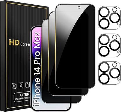 3 Pack Privacy Screen Protector for iPhone 14 Pro Max 6.7 Inch with 3 Pack Camera Lens Protector, Anti Spy Tempered Glass Film, Anti-Scratch, Touch Sensitive, Case Friendly