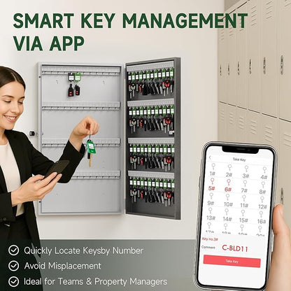 96 Key Lock Box Wall Mount, Smart Key Cabinet One Time Password/APP Bluetooth/Fixed Code/Wi-Fi Remote/Key Unlock, Security Storage Key Holder Box, Key Management for Valets, Realtors, Office, Hotel