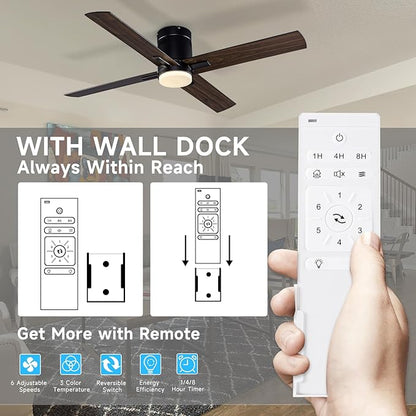 52 Inch Flush Mount Low Profile Ceiling Fan with Light and Remote Control, Reversible 4 Dual Finish Wood Blades, Indoor/Outdoor Ceiling Fan for Patio, Living Room, Bedroom