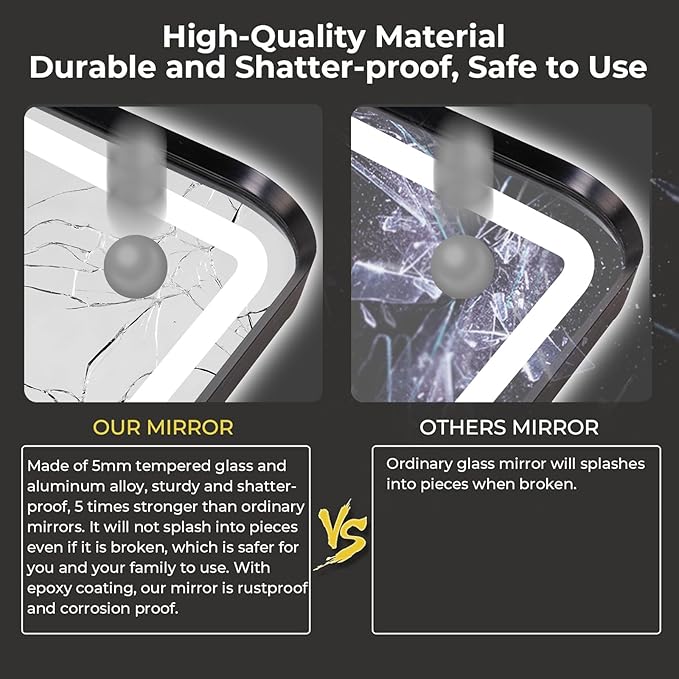 Rectangle LED Bathroom Mirror, 36"x28" Anti-Fog Double Touch Lighted Wall Vanity Mirror 45° Beveled Metal Frame Stepless Adjustable Color Temperature Smart Mirror 3000K-6000K, Gold