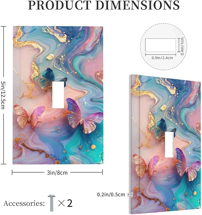 Colorful Marble Butterfly Gold Glitter Abstract Print Decorative Light Switch Cover 1 Gang Single Toggle Device Electrical Faceplate Switchplates Decorator Outlet Wall Plate for Bed Room Living Room