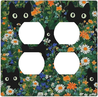 Boho Funny Black Cute Cats Daisy Wildflower Outlet Covers 2 Gang Double Duplex Decorative Light Switch Covers Electrical Wallplates Socket Faceplate For Kids Room Bed Room Decor