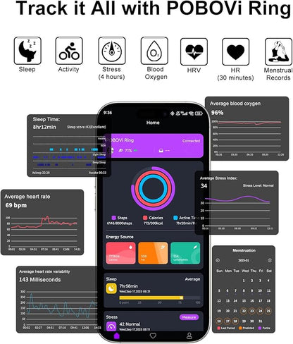 Smart Ring for Women Men- Sleep/Fitness/Stress/Heart Rate Tracker- Menstrual Records - 7 Days Battery Life - Wireless Charging - No APP Subscription - iOS & Android Compatible (Black, Size 11)