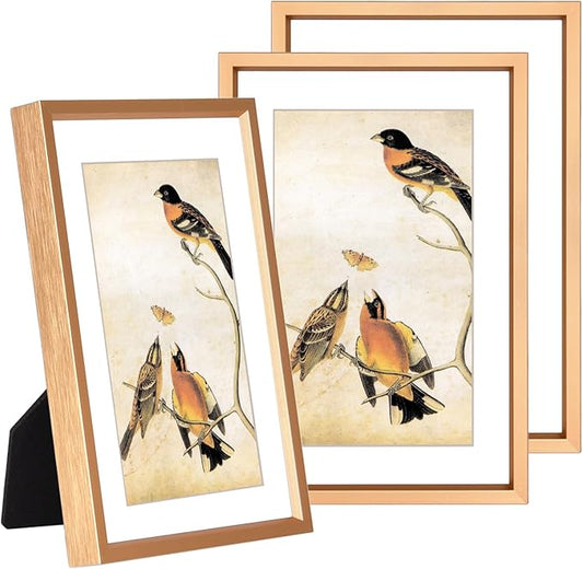 4x6 Picture Frame Set of 3, Gold Metal Photo Frames with HD Glass, Fits 3x5 with Mat or 4x6 without Mat, Wall Hanging and Table Display