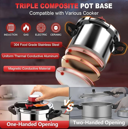 3-In-1 Stainless Steel Pressure Cooker 8 QT: [Save 70% Time] [3 PSI Settings], One-Hand Locking, Induction Compatible, Glass Lid & Steamer Rack Included, Olla de Presion