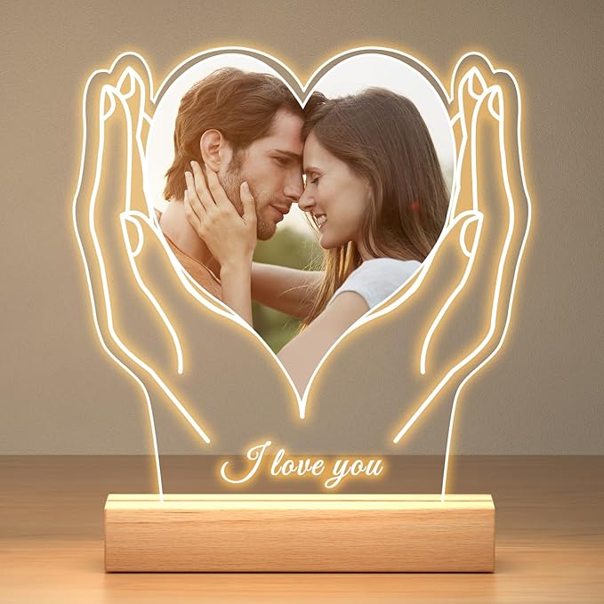 Personalized Picture Frame with Photo, Customized Photo Frame with Night Light, Custom Picture Frames, Personalized Anniversary Valentines Day Gifts for Women Men Her Him Girlfriend Boyfriend Couple