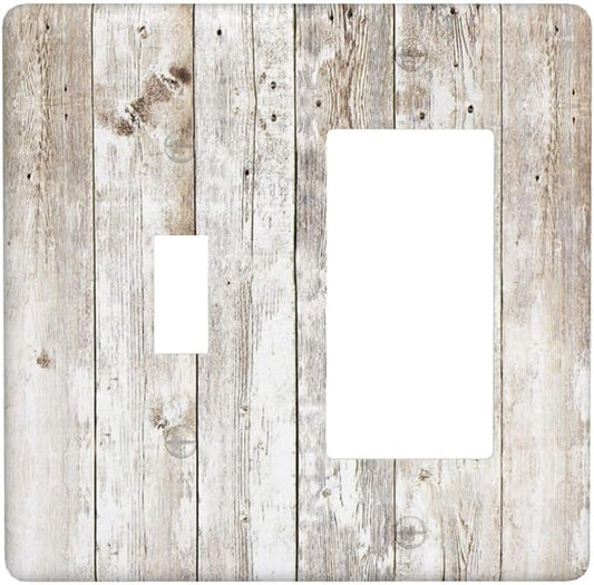 Vintage Light Wood Retro Rustic White Gray Oak Print Outlet Covers 1 Toggle 1 Rocker Combination Decorative Wall Plate Electrical Switch Plates Light Switch Cover Plate for Farmhouse Home Decor