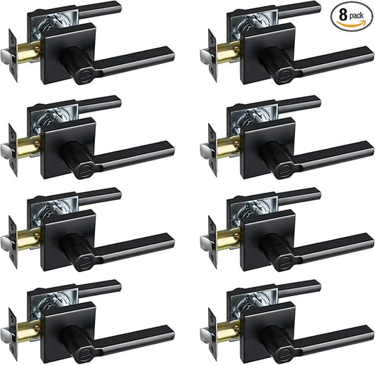Privacy Door Lever, Heavy Duty Bathroom Bedroom Handle Lock, Keyless Interior Knobs, Matte Black, Reversible for Right&Left Handed, 8Packs