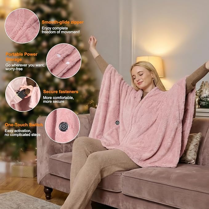 Cordless Heated Blanket Battery Operated with Fleece Lining 7.4V 16000mAh Battery Portable Wearable Heated Shawl for Women Men 6 Heating Zones 3 Fast-Heating Levels (Battery Included)