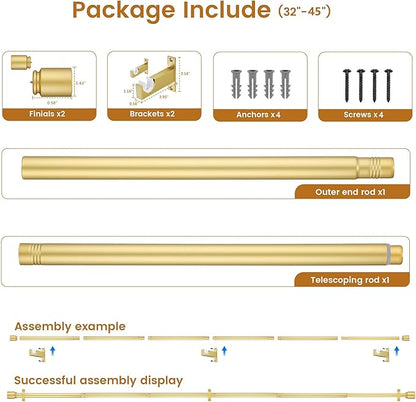 Gold Aluminium Curtain Rods for Windows,1 Inch Adjustable Curtain Rod 32 to 45 Inch,Heavy Duty Drapery Rods with Thicken Bracket,Modern Single Rod with Aluminium Finials