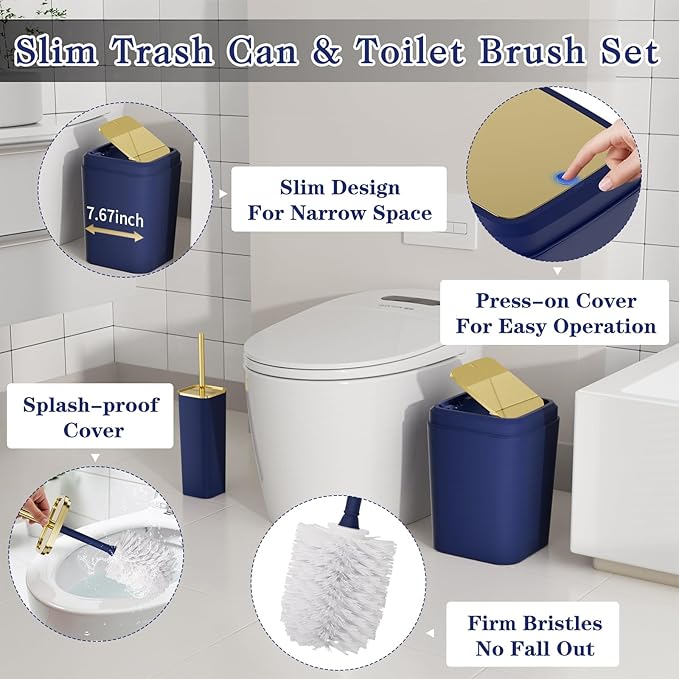 Bathroom Accessory Set, 11PC Bathroom Set, Navy Blue Bathroom Accessories, Bathroom Accessories Set with Trash Can, 3PC Soap Dispensers and Toilet Brush