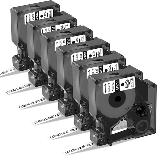 Freshworld Compatible with Dymo D1 Label Tape 1/4 Inch 43613 S0720780 Label Maker Refills d1, Black on White 6mm Refills, for LabelManager 160 210D 260P 280 360D Printer COLORPOP, 23 Ft, 6-Pack