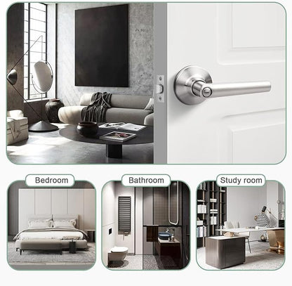 GOBEKOR 4 Pack Brushed Nickel Door Handles Privacy Door Levers with Lock,Heavy Duty Interior Door Handles for Bedroom and Bathroom,Sleek Round Door Lever Satin Nickel with No Key