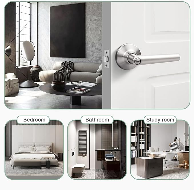 GOBEKOR 10 Pack Brushed Nickel Door Handles Privacy Door Levers with Lock,Heavy Duty Interior Door Handles for Bedroom and Bathroom,Sleek Round Door Lever Satin Nickel with No Key