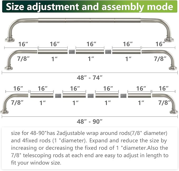 Nickel Wrap Around Curtain Rods 48 to 90 In:Blackout Heavy duty Adjustable Window Curtain Rod for Bedroom,Industrial Darkening Curved French Metal Single Drapery Rods Easy Install,Satin Nickel