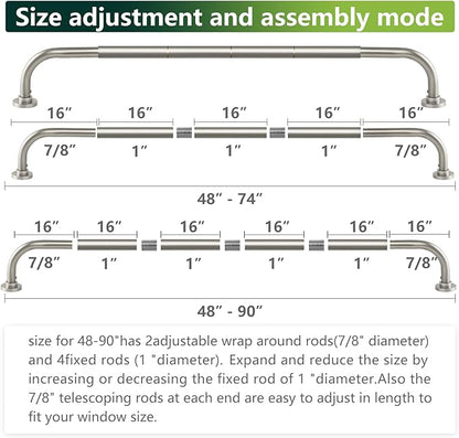 Nickel Wrap Around Curtain Rods 48 to 90 In:Blackout Heavy duty Adjustable Window Curtain Rod for Bedroom,Industrial Darkening Curved French Metal Single Drapery Rods Easy Install,Satin Nickel