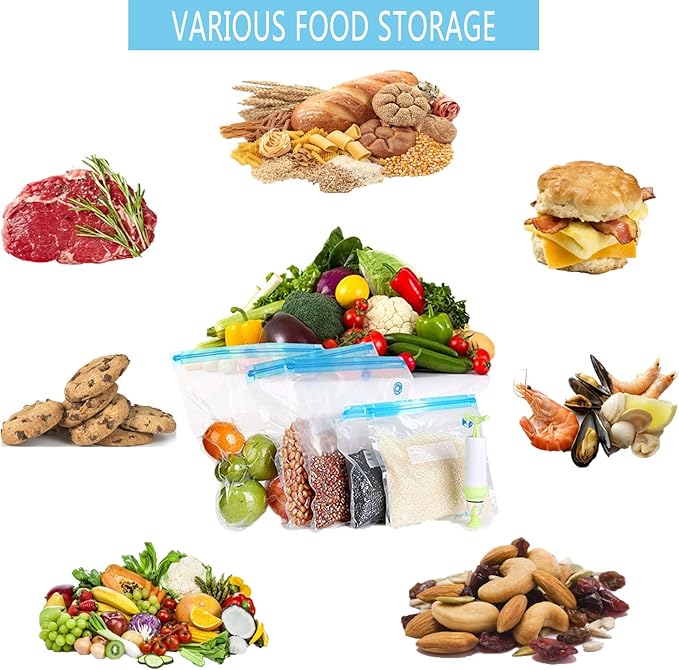 Sous Vide Bags 60pcs Reusable Vacuum Sealer Bags with 4 Sealing Clips, Reusable Vacuum bags for Food Storage and Sous Vide Cooking(10.2x13.4 Inch)