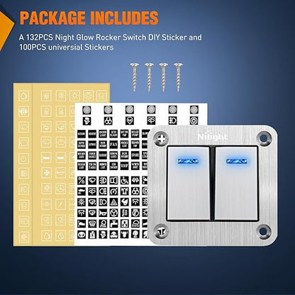 Nilight 2 Gang Rocker Switch Panel 3 Pin On Off Pre-Wired Blue LED Waterproof Aluminum with DIY Stickers for 12V 24V Automotive Cars Marine Boats UTV Truck Jeeps