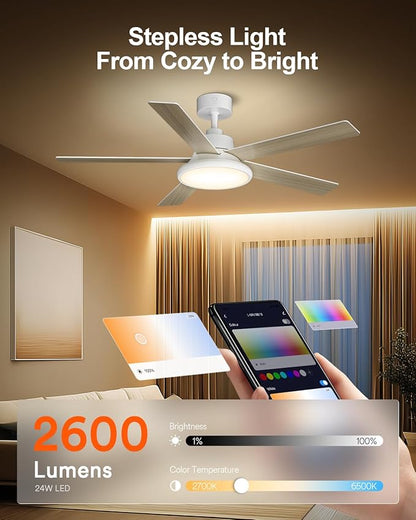 Lumary 52'' Smart Ceiling Fan with RGBAI Lights Remote, RGB & Stepless Color Temperature, Work with Alexa/Google/App, 46 Scenes, Modern Flush Mount Low Profile Ceiling Fan for Bedroom Kids Room, White
