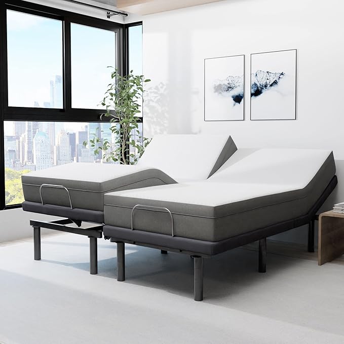 Blissful Nights e4 Cal King Split Adjustable Bed Base Frame with 10" Medium Firm Gel Infused Memory Foam Mattress
