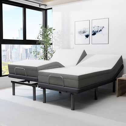 Blissful Nights e4 Split King Adjustable Bed Base Frame with 10" Medium Firm Gel Infused Memory Foam Mattress