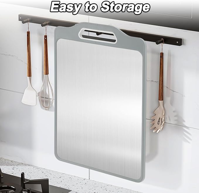VOCOSTE Double-Sided Stainless Steel Cutting Board, Hygienic Kitchen Board for Meat, Fruits & Vegetables, Dishwasher Safe, Families with Children and Elderly, Gray