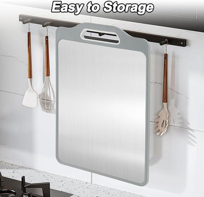 VOCOSTE Double-Sided Stainless Steel Cutting Board, Hygienic Kitchen Board for Meat, Fruits & Vegetables, Dishwasher Safe, Families with Children and Elderly, Gray