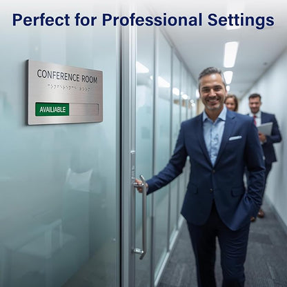 Conference Room Office Door Signs Do Not Disturb, In Use/Available Slider Sign with Raised Text & Grade 2 Braille, Conference Vacant Occupied Sign Brushed Aluminum/Silver