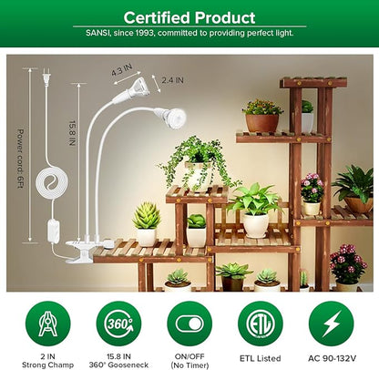 SANSI LED Grow Lights for Indoor Plants, 300W Full Spectrum Clip-on Gooseneck Grow Light with Ceramic Tech.,20W Plant Light for Indoor Growing High PPFD, Lifetime Free Bulb Replacement White, No Timer