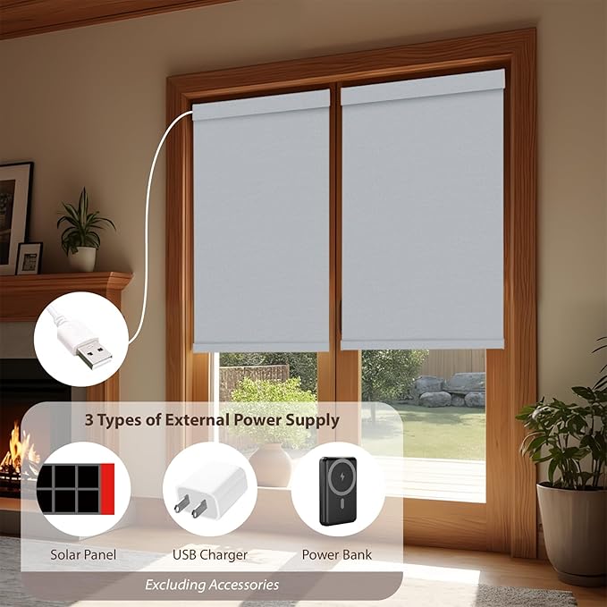 Motorized Roller Blinds with Remote, 100% Blackout Automatic Roller Shades for Bedroom, Bathroom, and Living Room, Customized Size, Morning Haze Gray