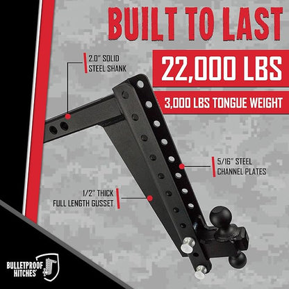 BulletProof Hitches - 2.0" Adjustable Heavy Duty Trailer Hitch (22,000 lb. Rating) - 16" Drop/Rise Trailer Hitch with 2" & 2-5/16" Dual Ball - Powder Coat, Solid Steel, Corrosion-Resistant
