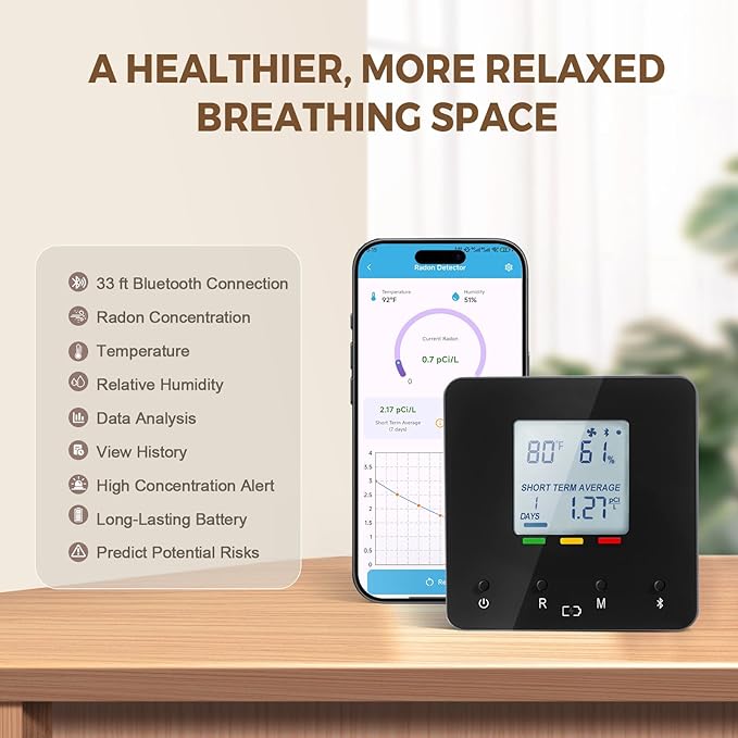 Bluetooth Radon Detector for Home, Portable Radon Tester with Real Time Gas Concentration, Temp & Humidity Monitoring, App Alerts, Detect Hidden Risks and Breathe with Confidence, Black