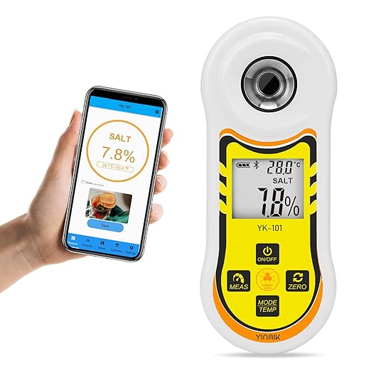 Smart Refractometer Brix Salt Meter, Brix Refractometer & Salinity Tester with ATC, Hand-Held Salinity Meter 0-24% for Food,sauces and Aquarium, Brix Sugar Refractometer 0-60% for Fruit,Drinks,Coffee