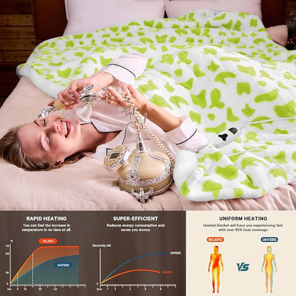 Green Cow Heated Electric Blanket Throw, 50X60 Heating Blanket with 10 Heats Levels & 8 Hours Auto Off, Cute Christmas Yoga Gifts for Women Teen Girls Mom Pets, Home Decor for Living Room Bedroom